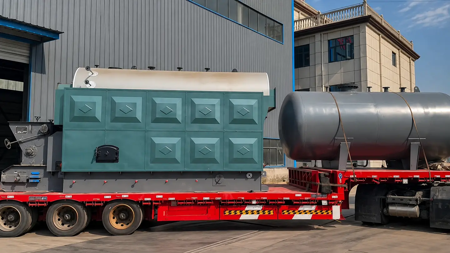 Biomass chain grate steam boiler and auxiliary equipment prepared for factory dispatch