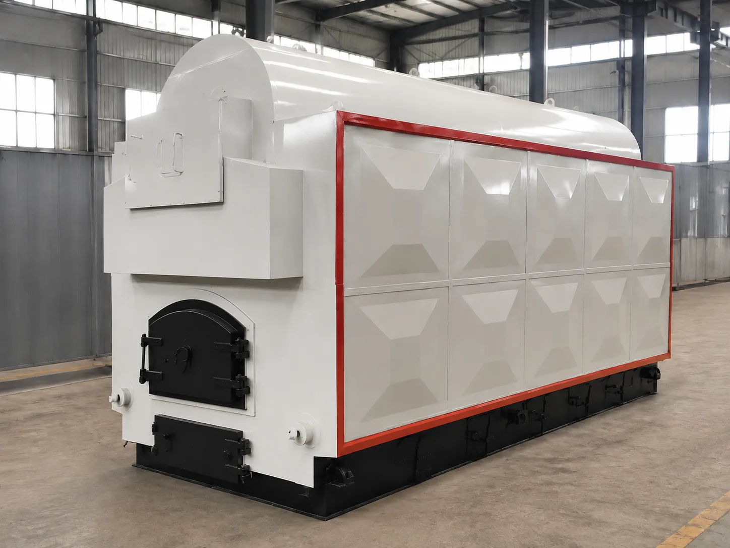 JINHONG CDZH hand-fired fixed-grate biomass atmospheric hot water boiler with one large firing door and one lower ash-cleaning door