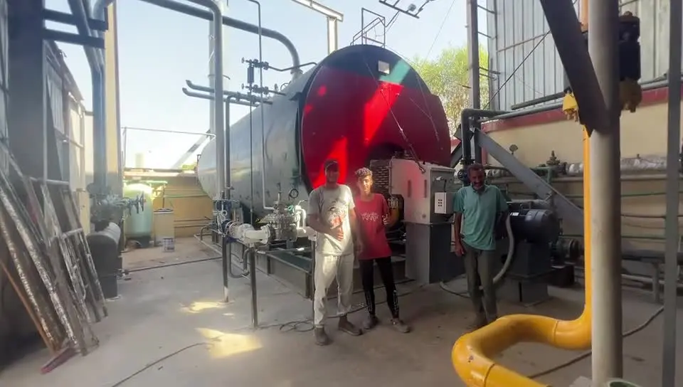 Full customer-site view of 8 TPH oil and gas steam boiler for textile dyeing in Egypt