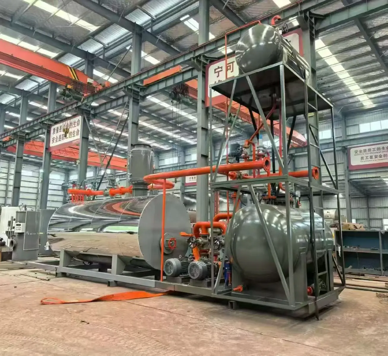 Complete JINHONG skid-mounted boiler system with feedwater tanks, pumps and piping
