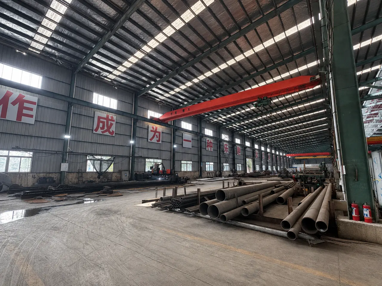 Steel tubes and raw materials arranged inside the JINHONG Boiler manufacturing workshop