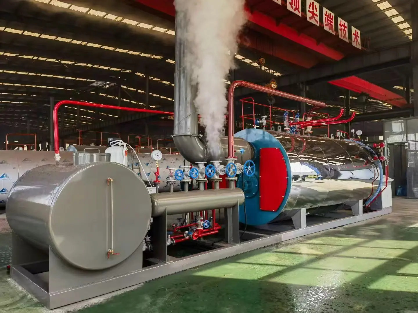JINHONG complete boiler package undergoing a factory steam test before delivery