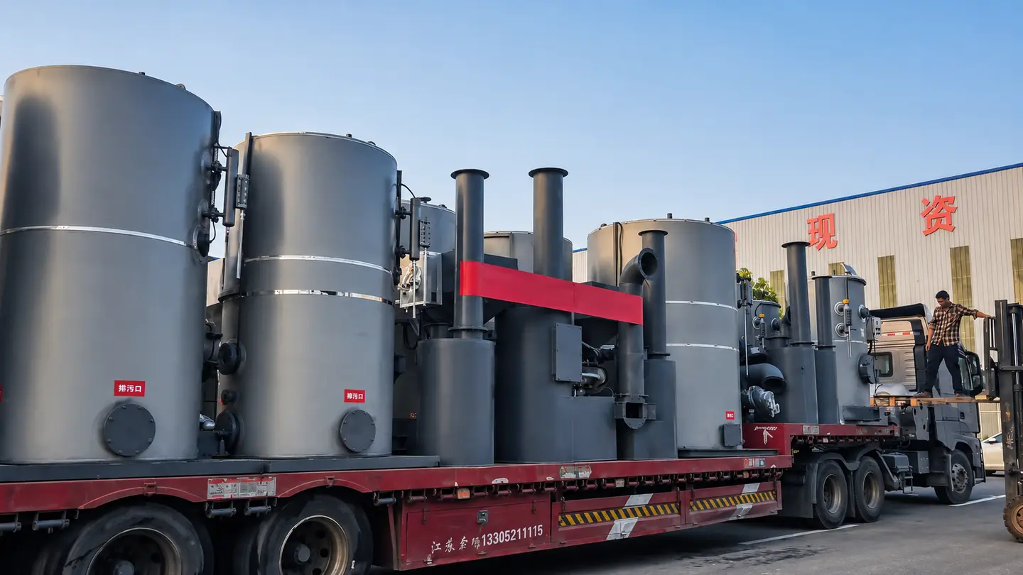 Multiple boiler auxiliary units loaded together on a flatbed truck for dispatch