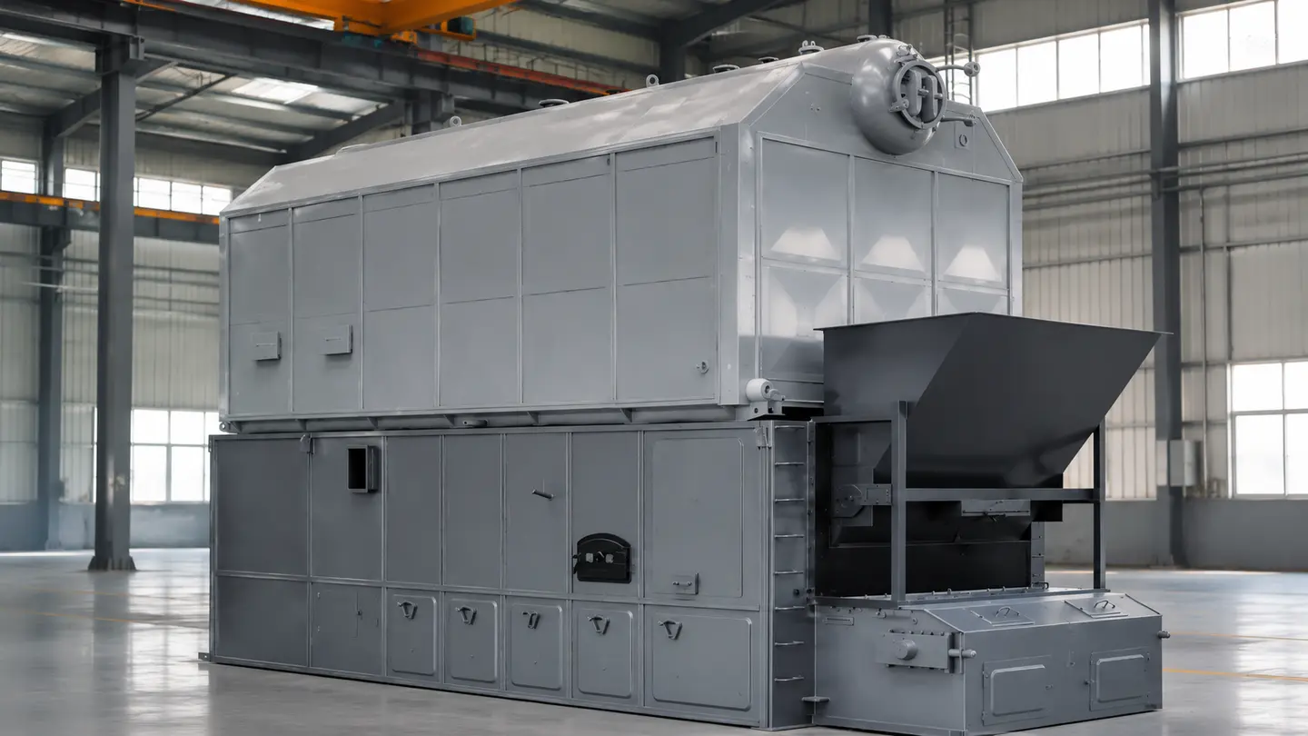 JINHONG SZL biomass water tube chain grate steam boiler in a modern industrial workshop