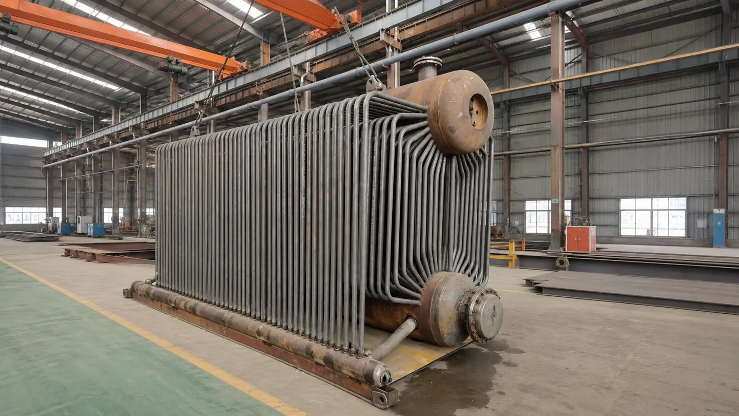 Water tube boiler convection bank and pressure parts under manufacture in an industrial workshop