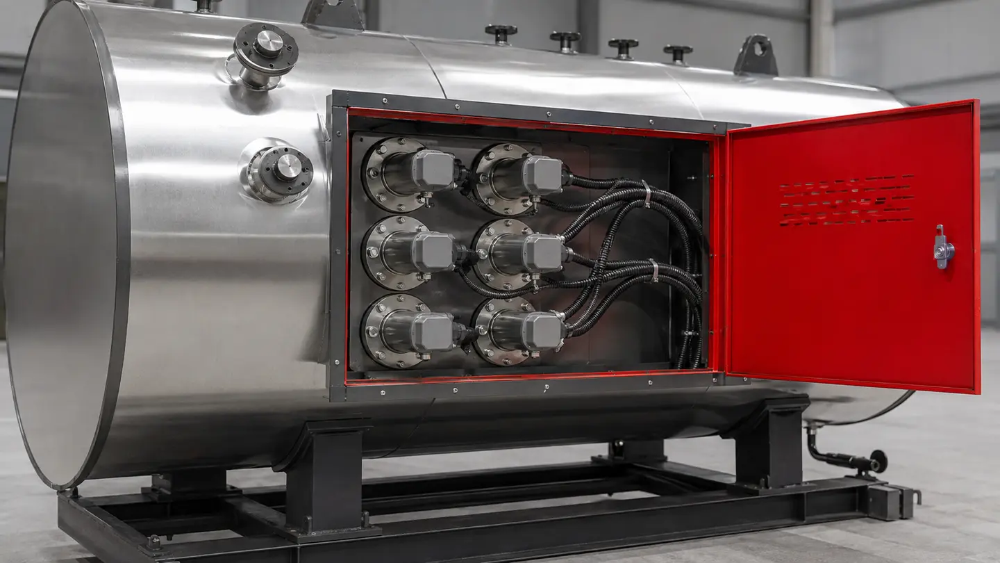 Grouped flange-mounted electric heating element service modules inside a WDR electric steam boiler access compartment