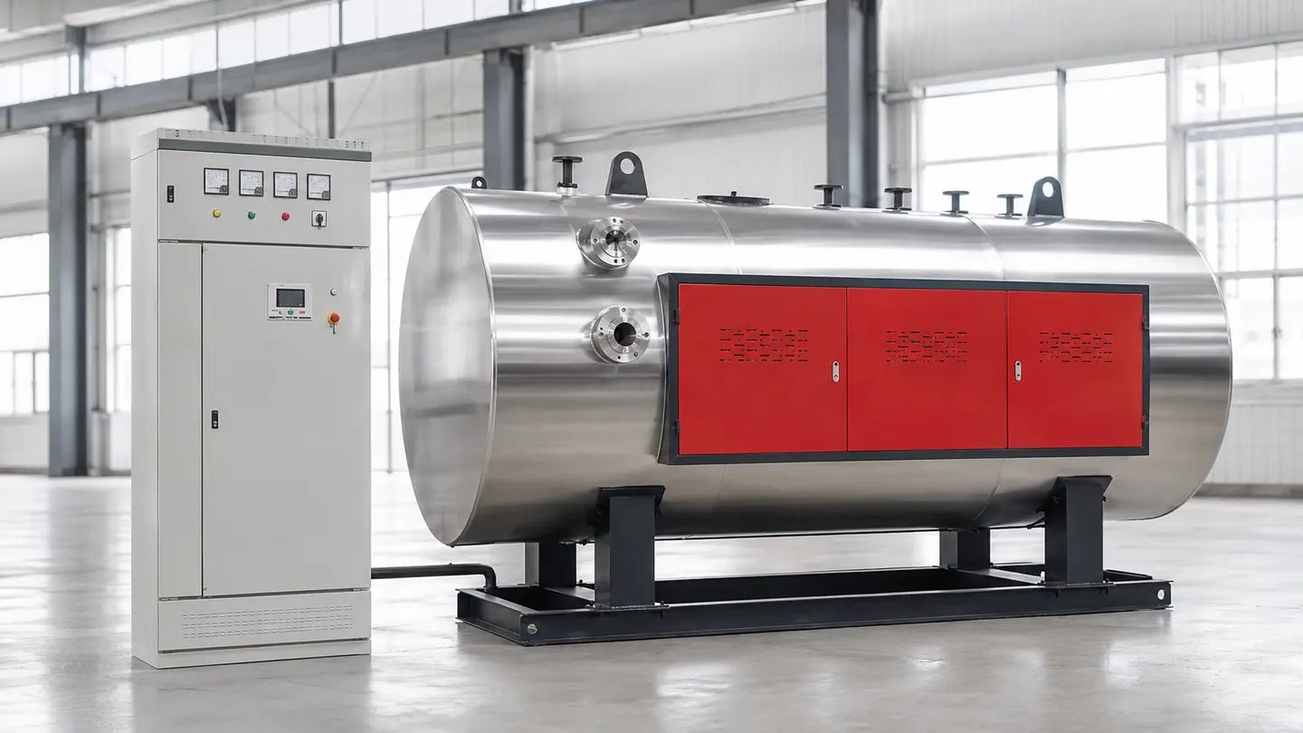 JINHONG WDR horizontal electric steam boiler with separate electrical control cabinet in a modern industrial workshop
