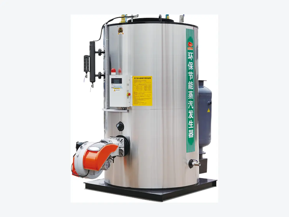 Close product view of the JINHONG ZFQ steam generator showing burner, control panel, water-level devices, instruments and stainless-steel outer casing