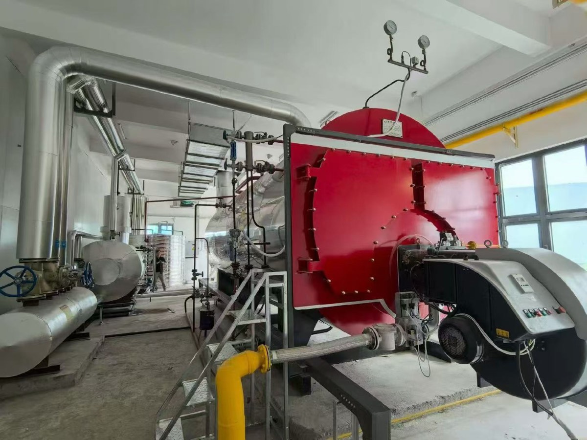 Industrial boiler front with burner and connected fuel train