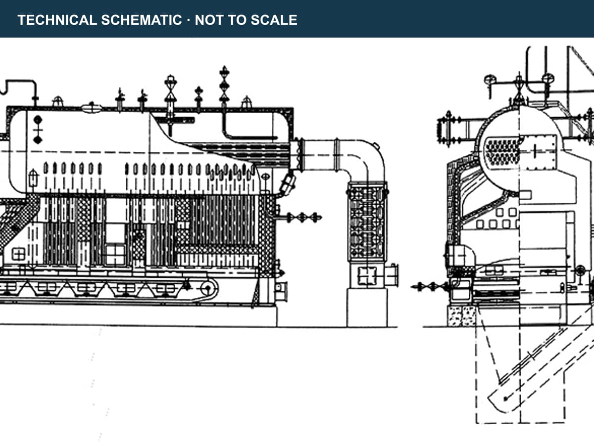 Technical schematic of chain-grate boiler structure and heat-transfer path