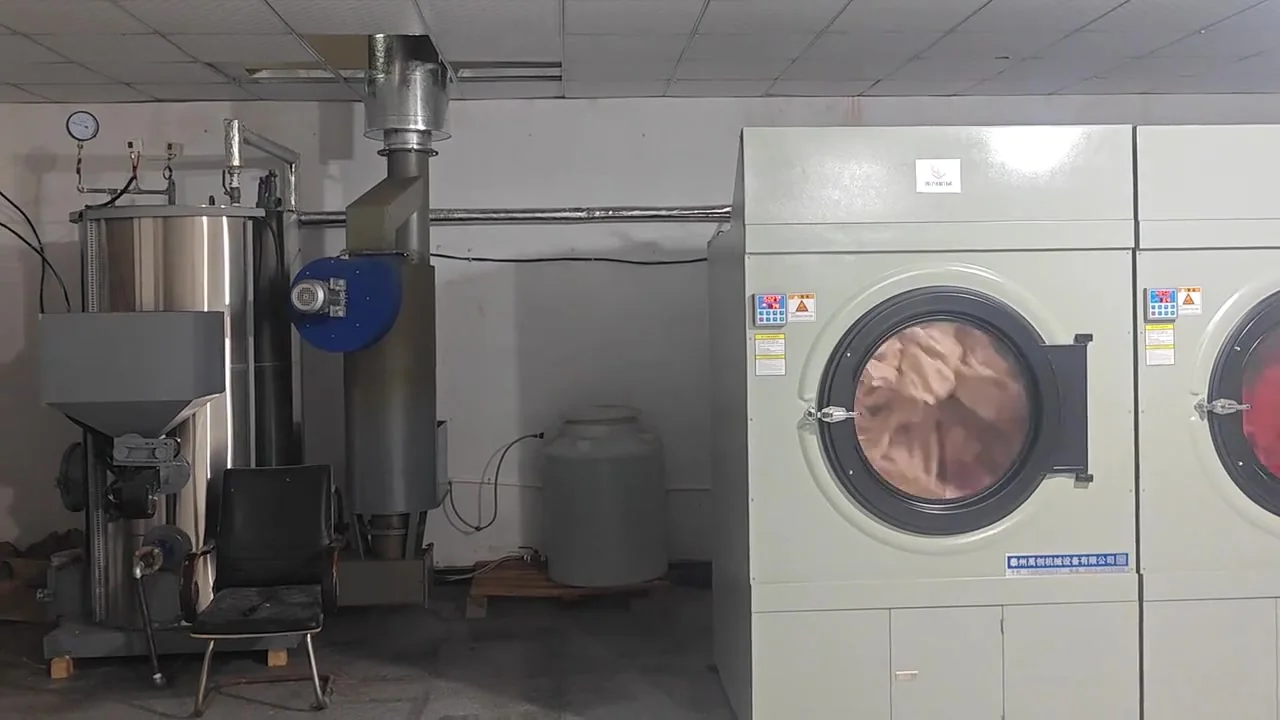 LHS0.5-0.7-M biomass pellet steam generator beside an industrial tumble dryer at a Malaysia laundry